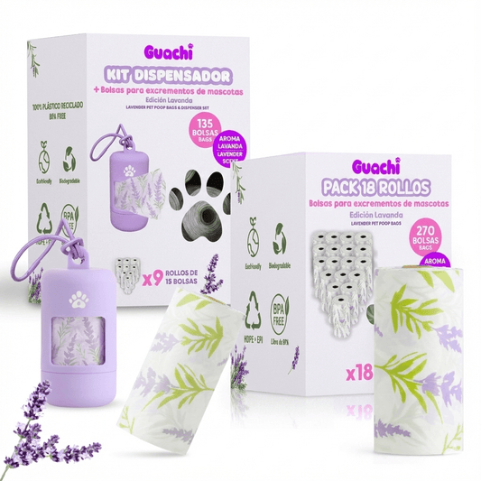 Ecopack + Kit Completo con dispensador - 405 Bolsas biodegradables con aroma a lavanda hipoalergénico - Guachi
