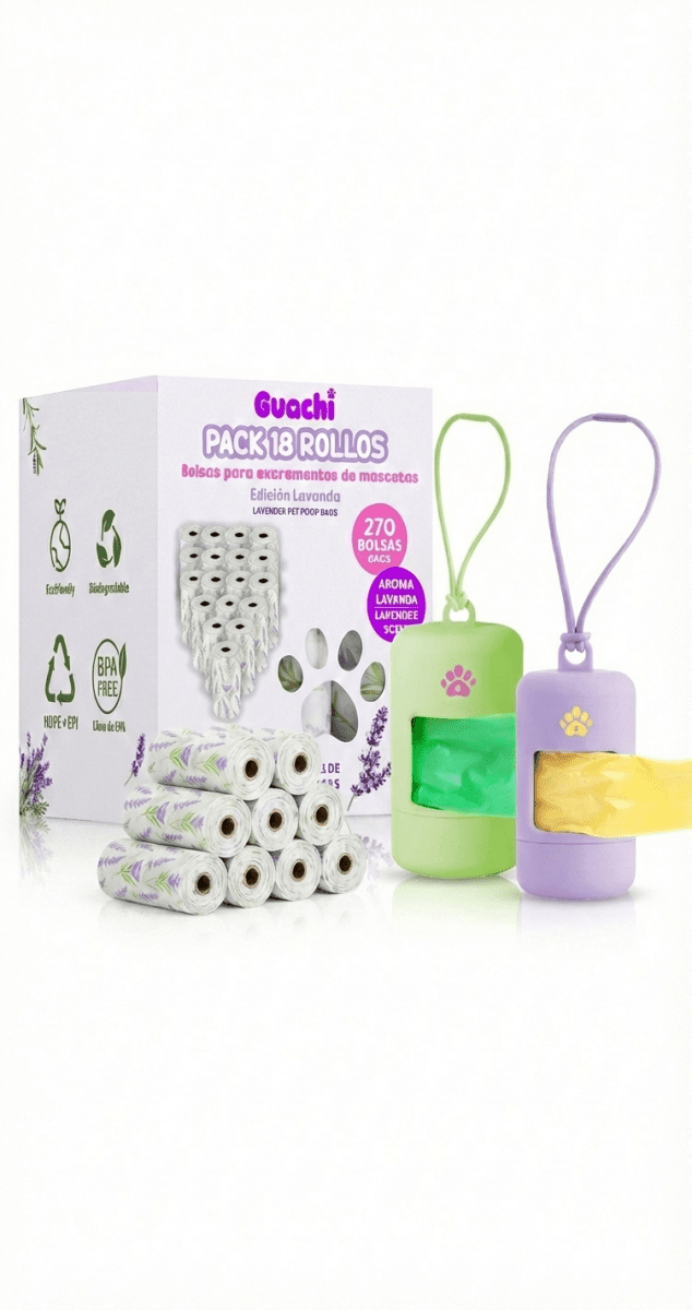 Pack Ahorro Guachi: 270 Bolsas Caca Perro (18 Rollos), Aroma Lavanda, Biodegradables y Resistentes + 2 Dispensadores de colores combinables - Guachi