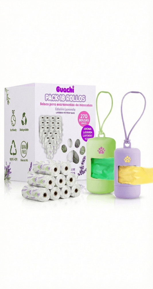 Pack Ahorro Guachi: 270 Bolsas Caca Perro (18 Rollos), Aroma Lavanda, Biodegradables y Resistentes + 2 Dispensadores de colores combinables - Guachi